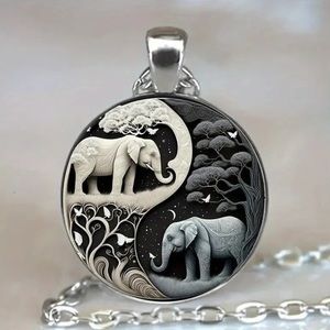 Eternal Fortune: Cream & Onyx Elephant Yin Yang Glass Cabochon Pendant Necklace
